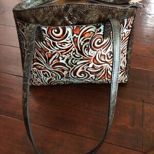 Patricia Nash handbag - turquoise & brown tooled front